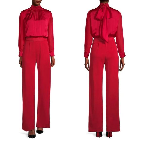 NWT Misook Mixed Media Tie Neck Long Sleeve Jumpsuit Classic Red Medium $498